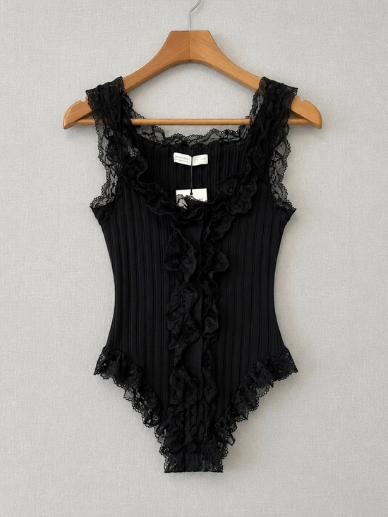 OAK + FORT Tops - OAK + FORT Black Ribbed Lace-Trim Tank Top